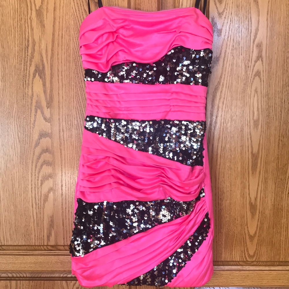 Deb hot pink strapless dress with black and silver sequins